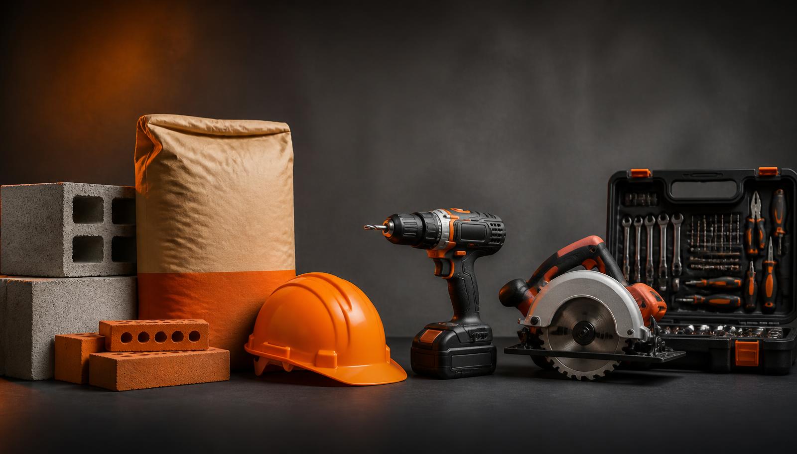 Materiale de construcție și scule electrice: ciment, cărămizi, bormașină, fierăstrău circular și trusă cu unelte
